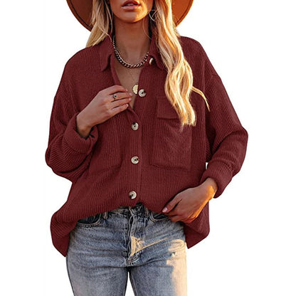 Solid Color Loose Corduroy Pocket Long Sleeve Cardigan Jacket