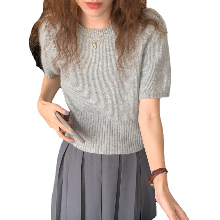 Round Neck Solid Color Bottoming Short Sleeve Knitted Sweater Waist