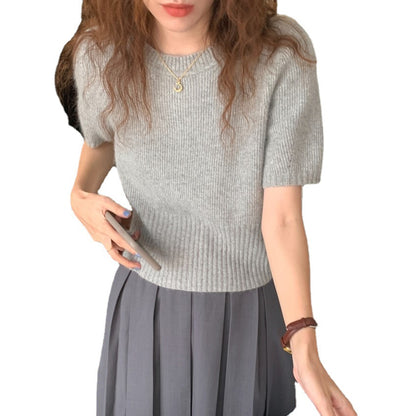 Round Neck Solid Color Bottoming Short Sleeve Knitted Sweater Waist