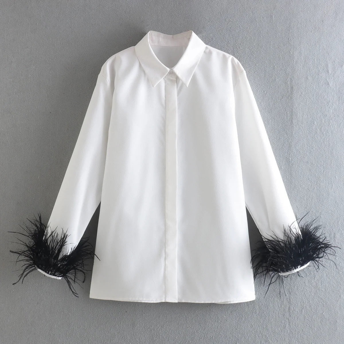 Cuff Feather Shirt Lapel TopSolid Color