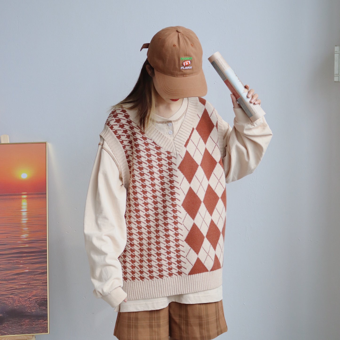 Rhombus Knitted Shirt Layered Over Vest