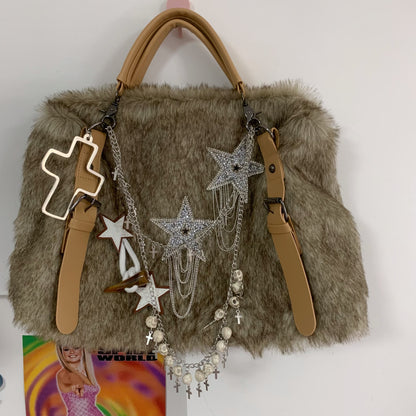 Bolso bandolera de piel de visón con gemas para otoño e invierno, original y casero