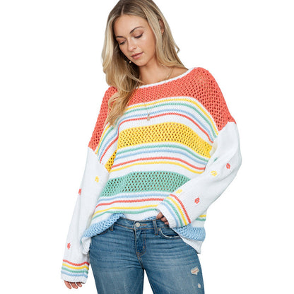 Jersey a rayas de arco iris para mujer, suéter de cuello redondo con contraste de dopamina a la moda europea y americana