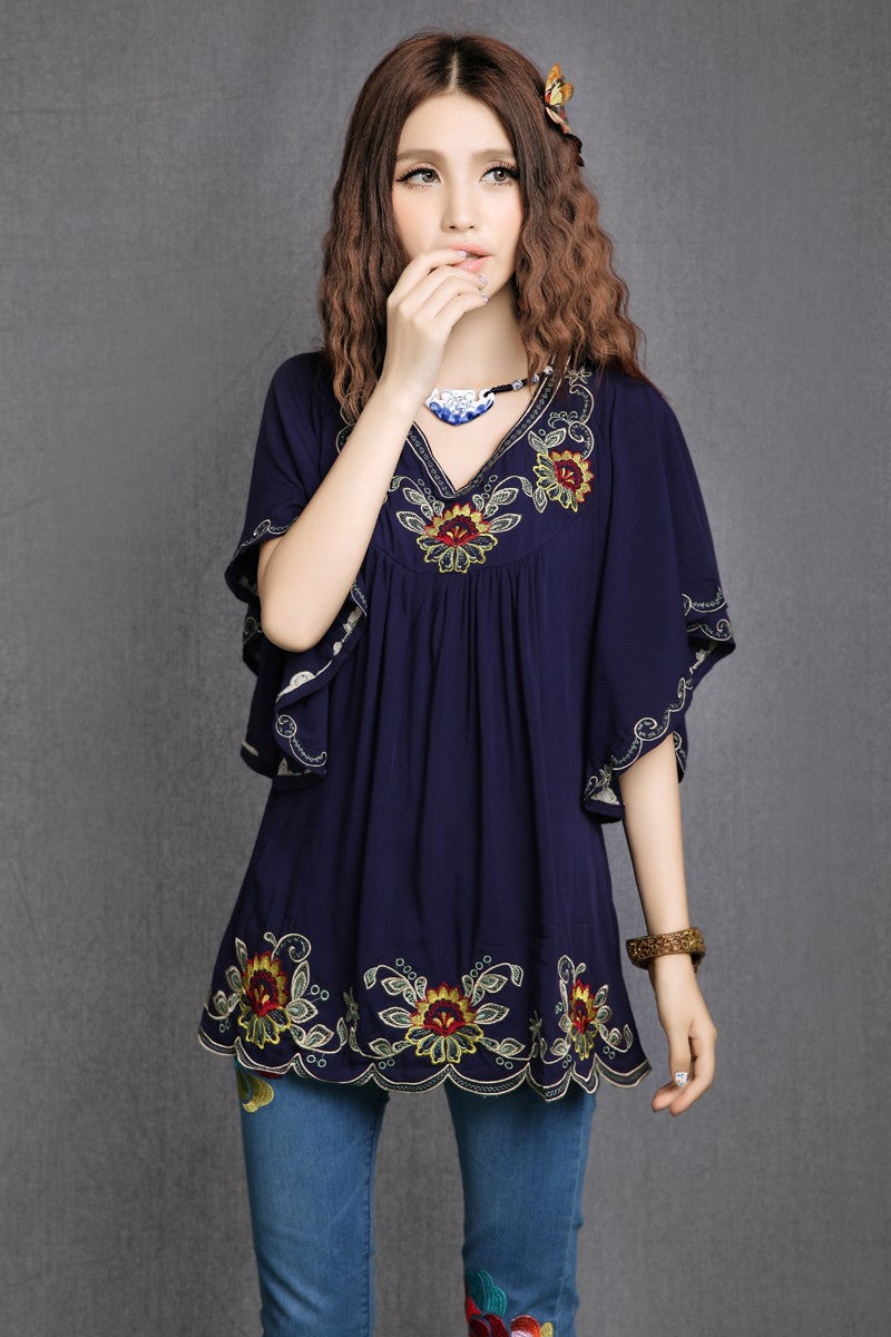 Ladies Embroidered Loose Shirt Flared Sleeves