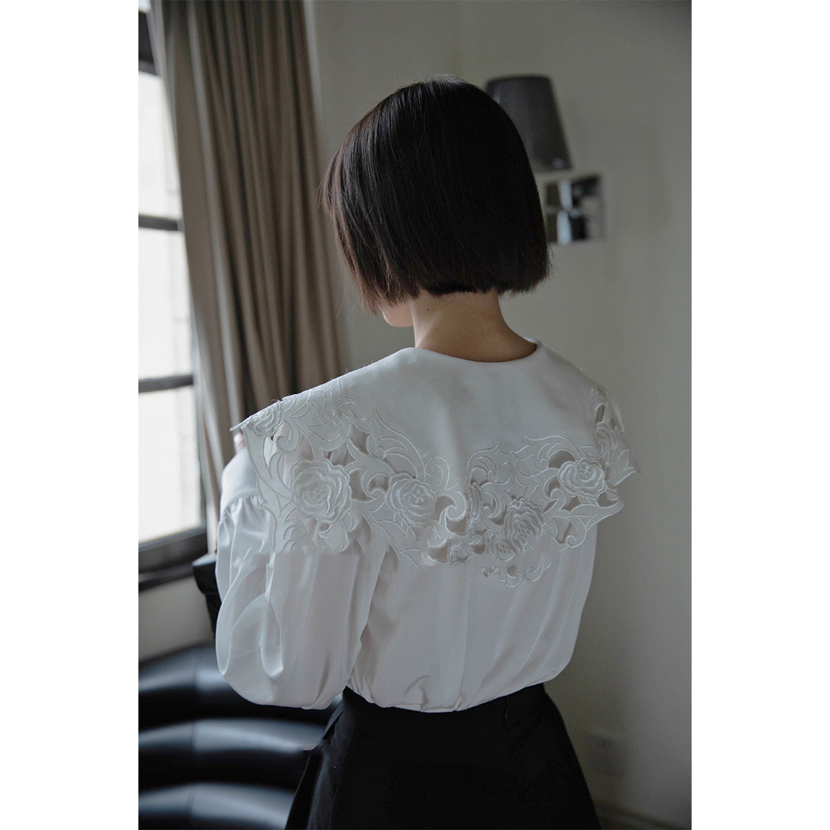 Spring Design Sense Niche Chain Link Knitted Navy Collar White Shirt Women