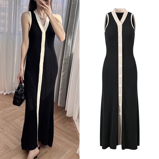 French Style Temperament Elegant V-neck Sleeveless Long Knitted Dress