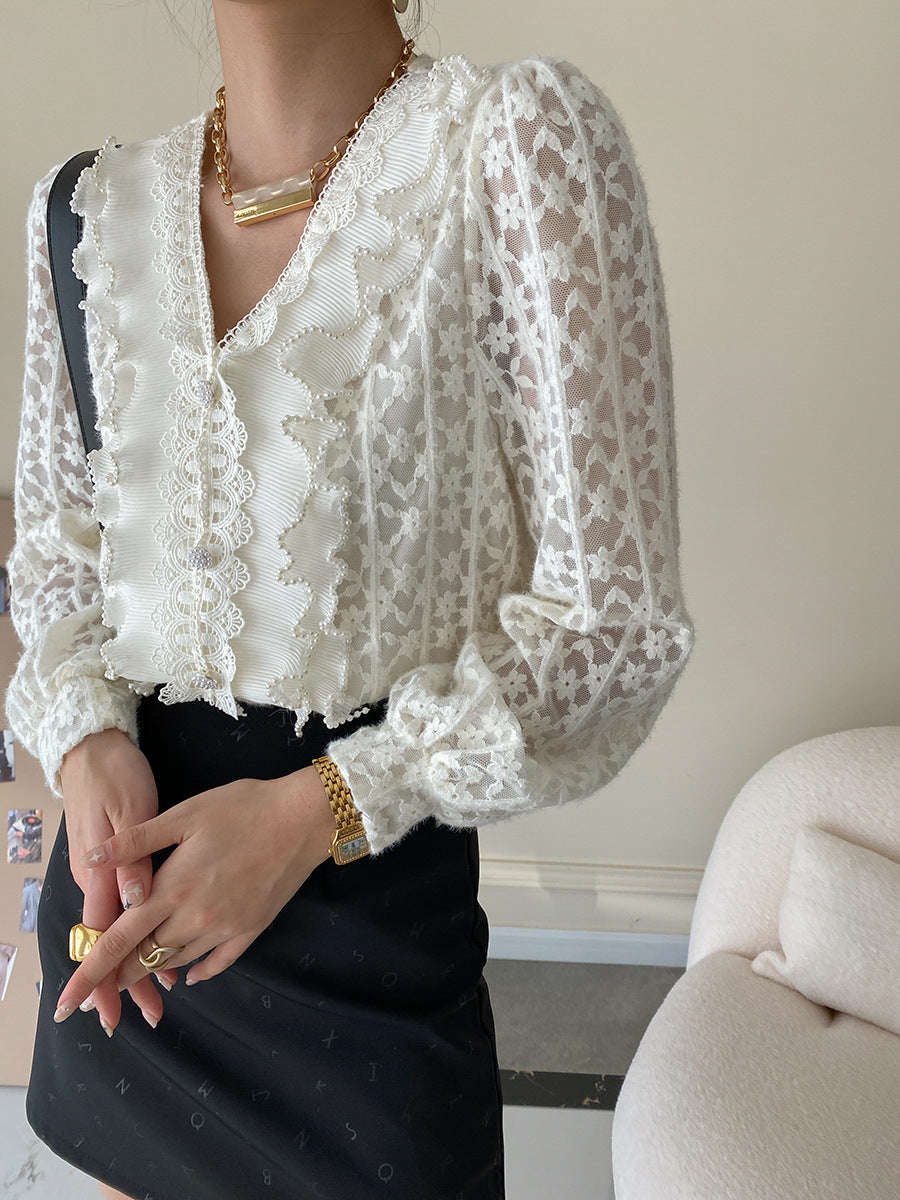 Women's Elegant Heavy Industry Lace Ruffled Shirt