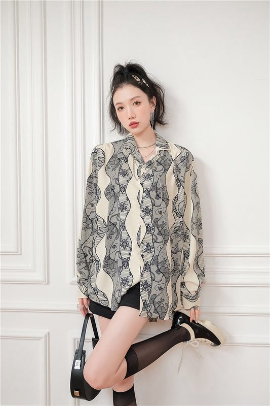 New Design Chain Lace Print Shirt Women's Long Sleeve Loose Top Women