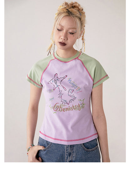 Camiseta de manga corta con cuello redondo y estampado en contraste para Mujer