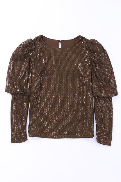 Brown Elegant Sequined Gigot Sleeve Top