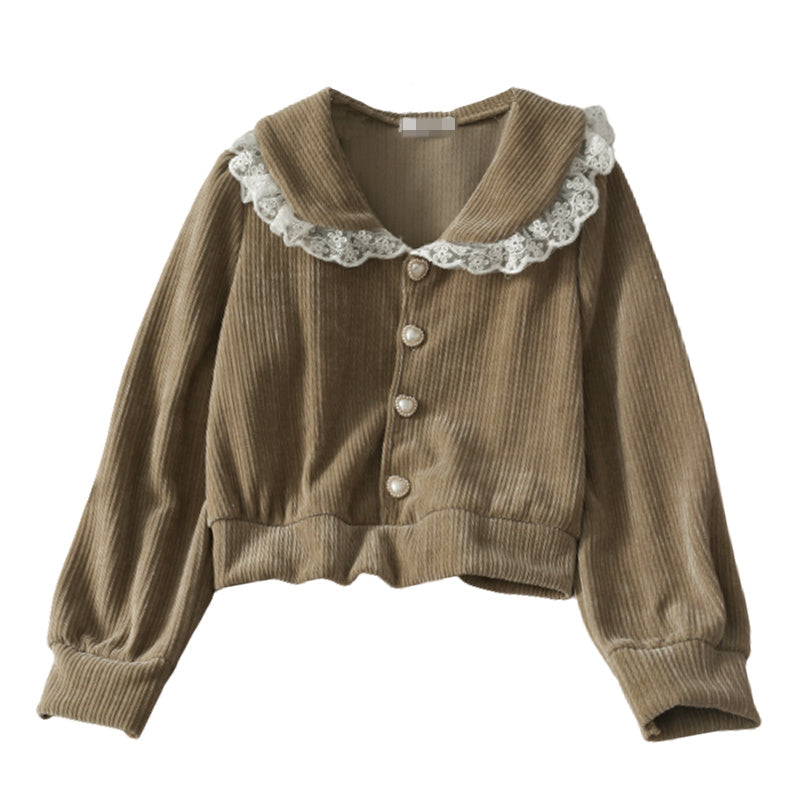 Lace Patchwork Doll Collar Vertical Striped Shirt