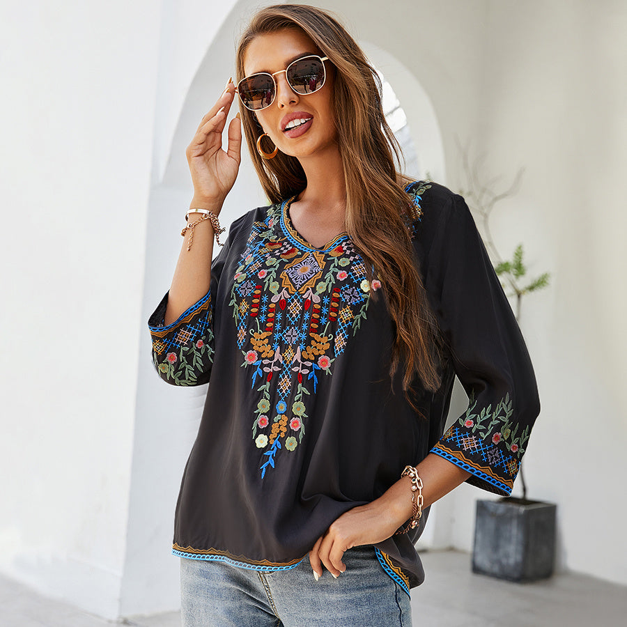 Women's Fashion Embroidery Loose And Slim Shirt