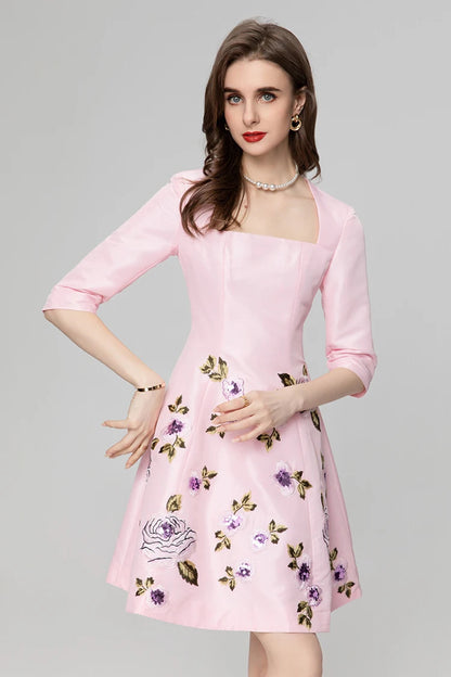 Exquisite Embroidered Flowers Half Sleeve Skirt Dress