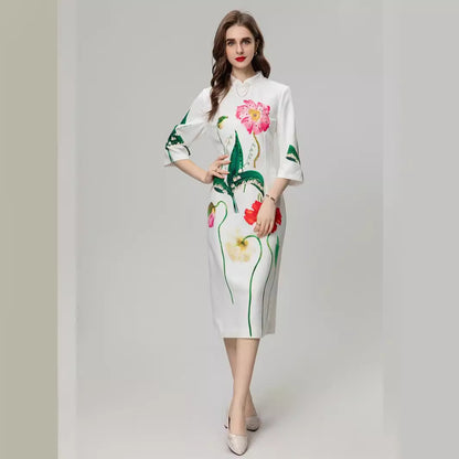 Positioning Printing Flower Heavy Industry Beads 34 Sleeve Dress