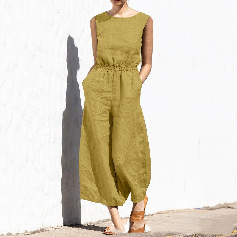 Solid Color Crew Neck Loose Casual Jumpsuit