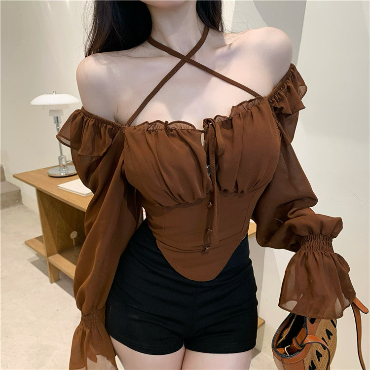 One Line Neck Long Sleeved Ruffled Chiffon Shirt