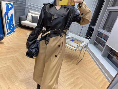 Leather Stitching Trench Coat Elegant Tied Double Breasted Fitted Waist Over The Knee