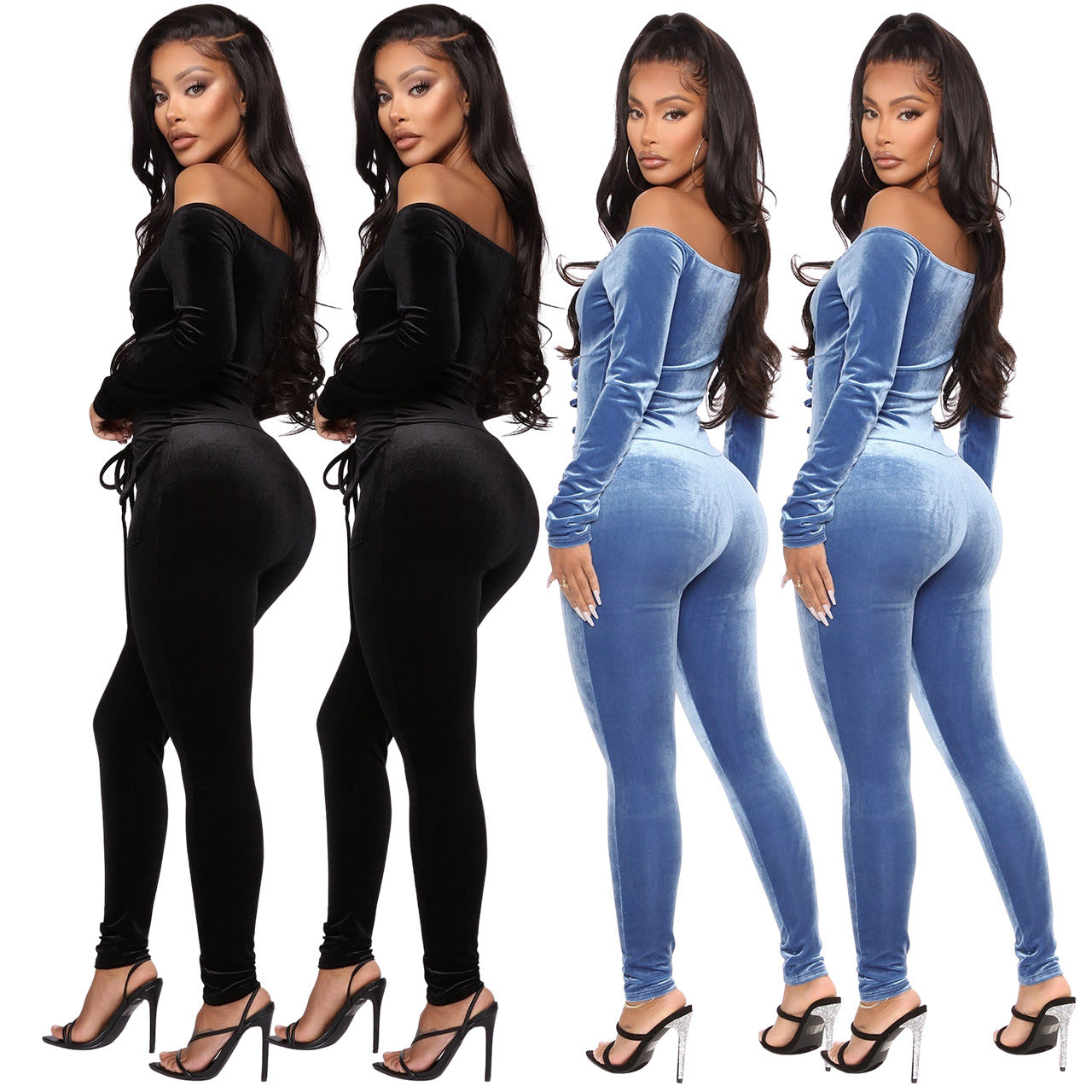 Velvet Off-shoulder Corns Tied Slim Fit Jumpsuit