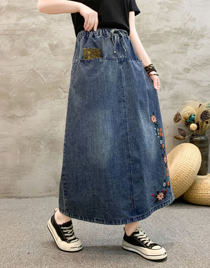 Spring Chinese Style Small Flower Embroidery High-waisted Skirt