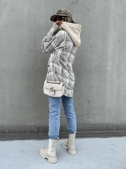 Chaqueta de lana para mujer Ins, abrigo con capucha a cuadros a la moda de invierno con gorra desmontable y bolsillos, camisa de diseño, prendas de vestir exteriores