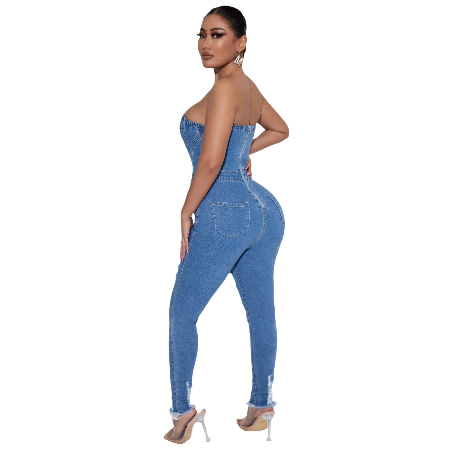 Women's Tube Top Slim Fit Denim Jumpsuit