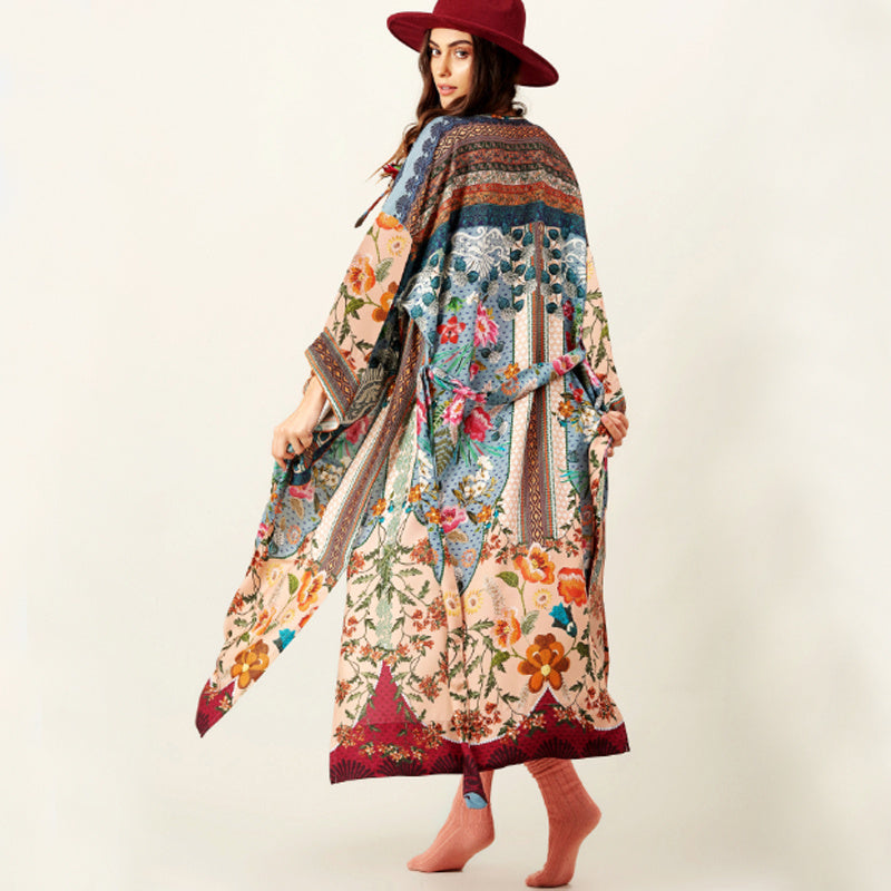 Rayon Printed Robe With Loose Waist Cardigan