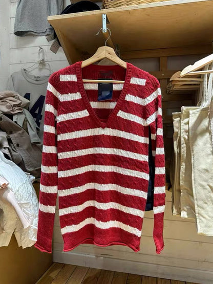 Loose V-neck Red And White Striped Cable-knit Sweater Coat