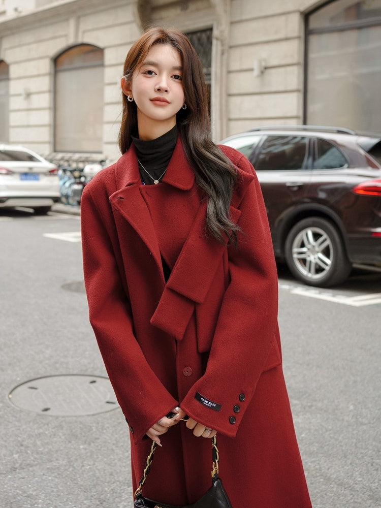 Abrigo de lana con lazo rojo para mujer, abrigo nuevo de otoño e invierno