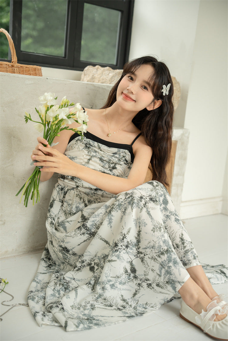 Summer French Style Temperament Design Waist Slimming Sling Flower In Ink Mid-length Dress