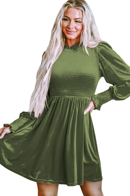 Moss Green Frilled Neck Smocked Bodice Velvet Dress