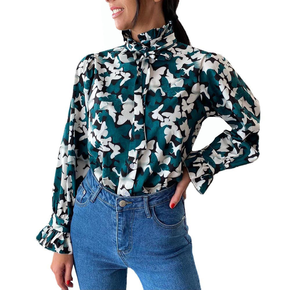 Fashion Butterfly Print Long Sleeve Loose Casual Shirt