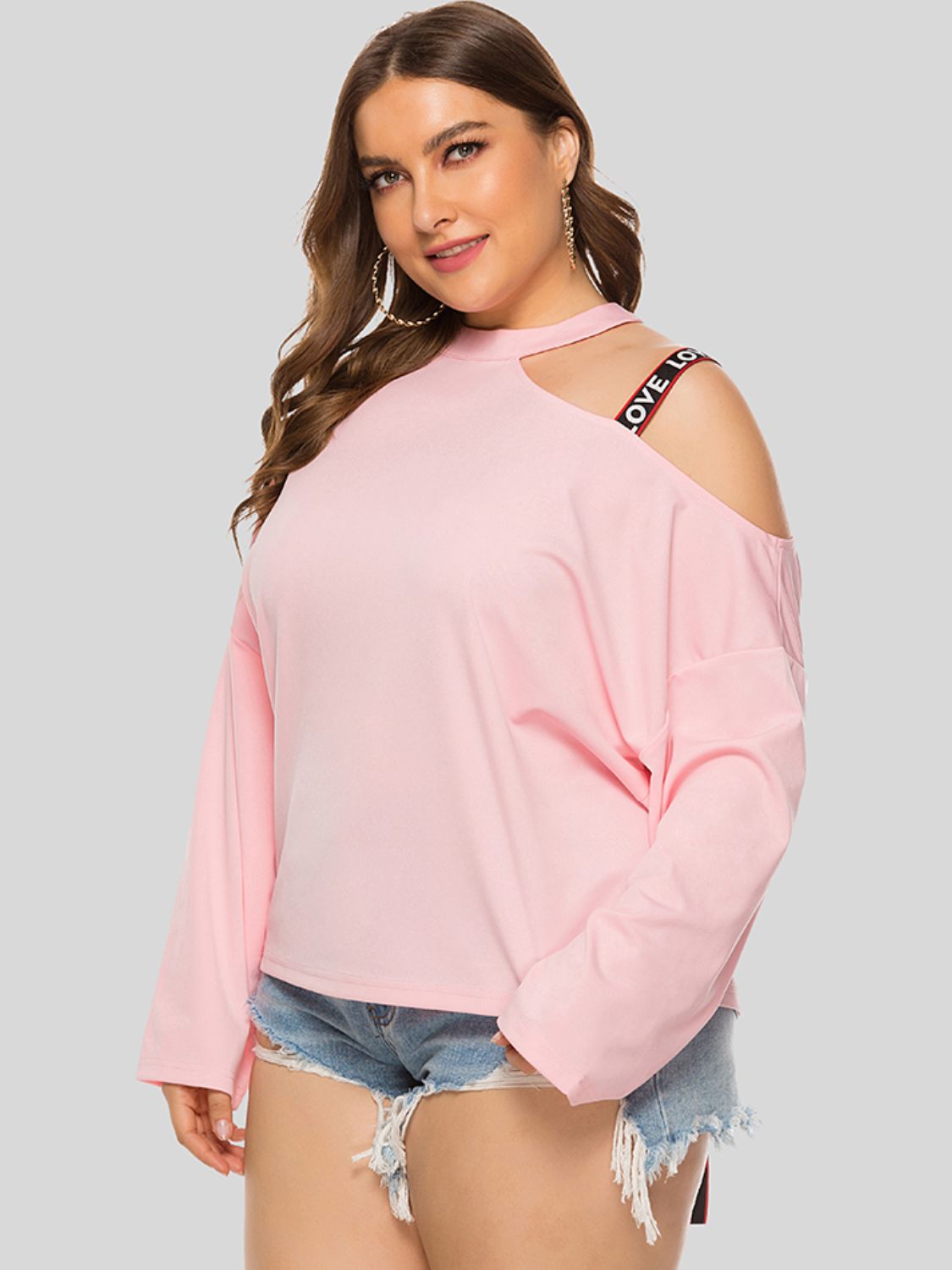 Blouse à Col Rond et Epaule Dénudée de Grande Taille