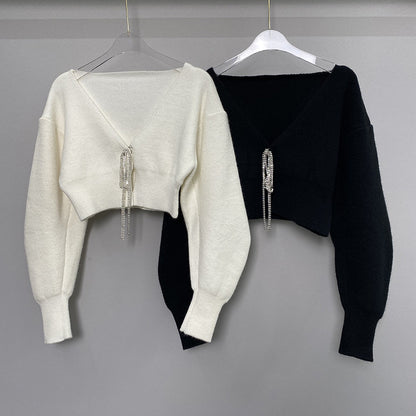 Pull à manches longues et col en V Manteau court pour femme