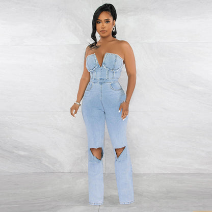 Women's V-Neck Denim With Hole Zip Pocket Jumpsuit