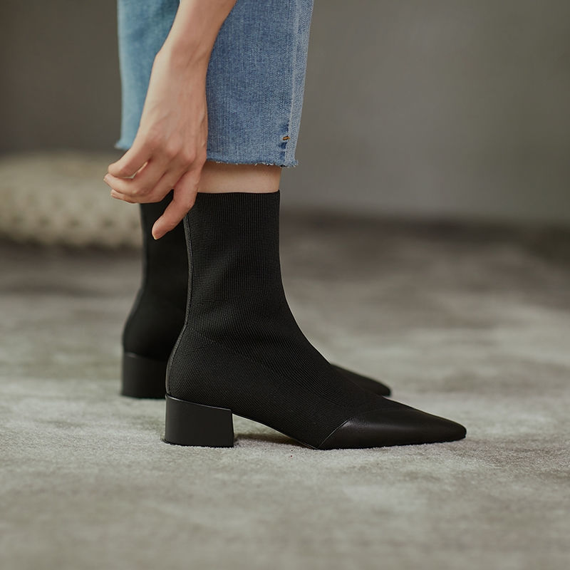 Botas de lana de moda para mujer, botas cortas con tacón grueso y puntiagudo