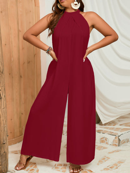 Pure Color Halter Sleeveless Casual Plus Size Jumpsuit