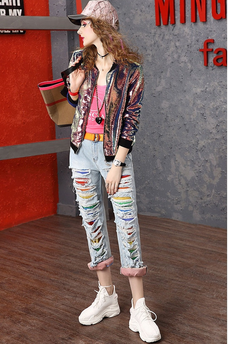 Fashion Stand Collar Tide Brand Zipper Sequin Long Sleeve Jacket Top