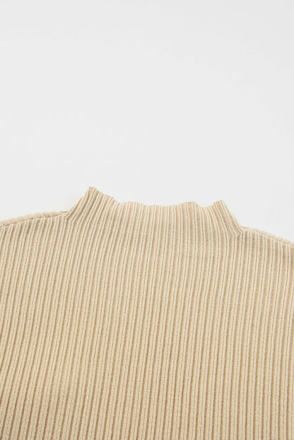 Oatmeal Patch Pocket Ribbed Knit Short Sleeve Sweater