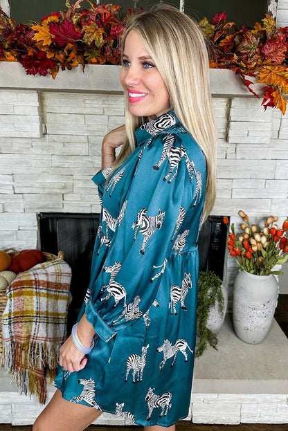 Robe tunique chemise plissée bleue imprimée à motif zèbre