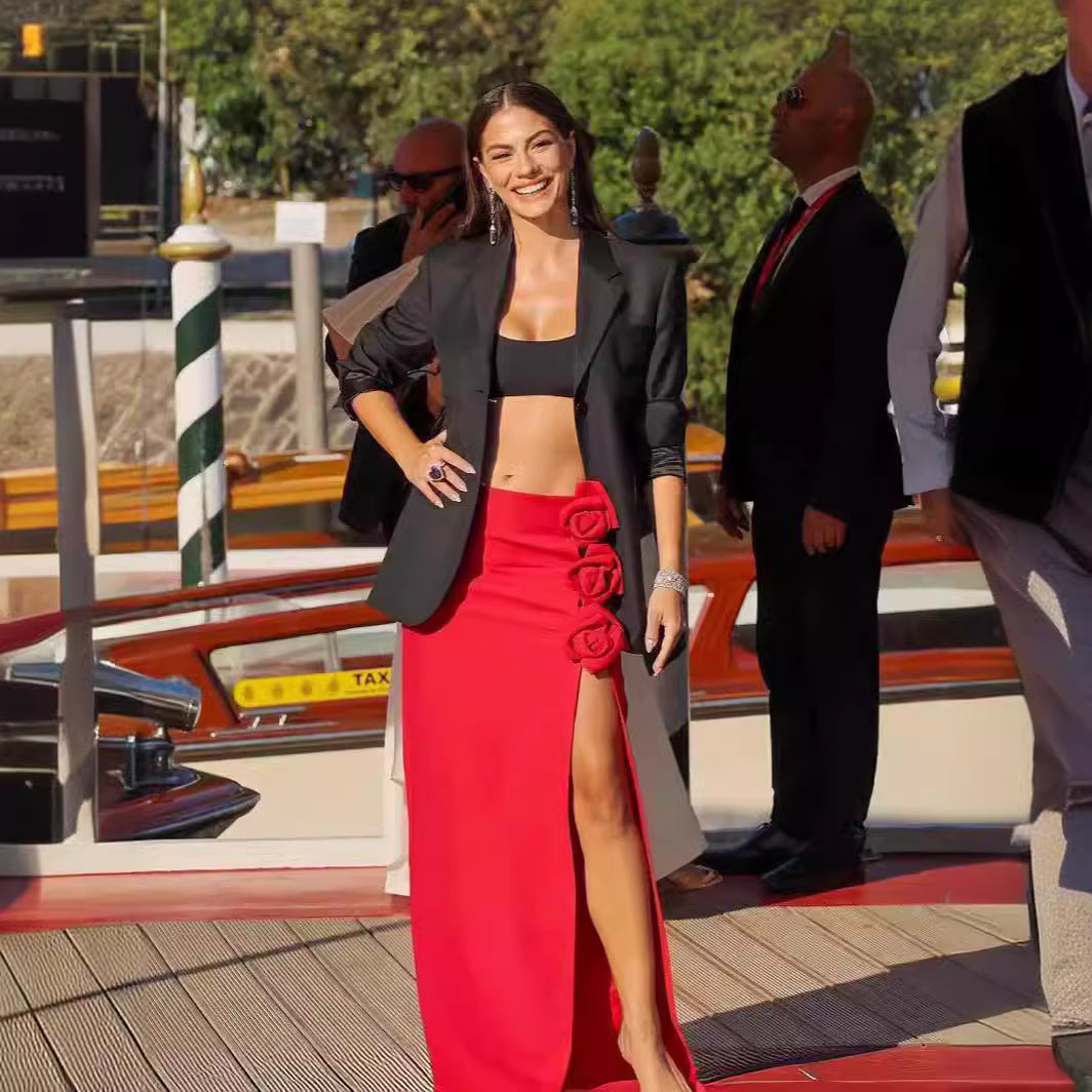 Vestido con abertura alta y flores tridimensionales para mujer