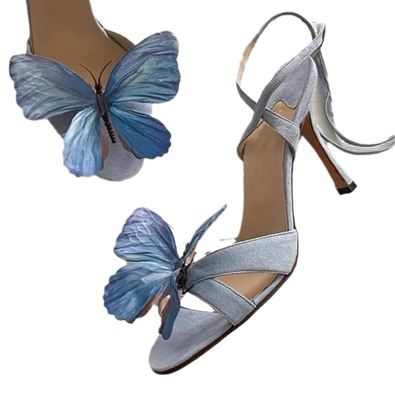 Sandalias de piel auténtica con tiras cruzadas y flores de mariposa y hada, tacones altos sexis con punta abierta