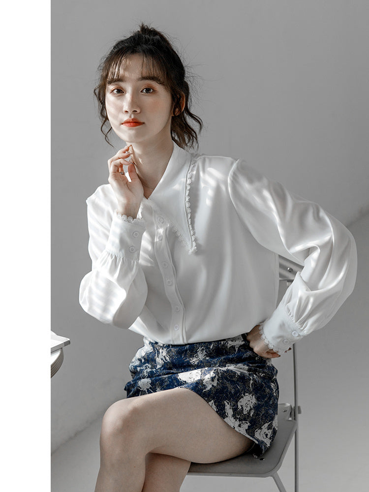 Women's Loose White Long Sleeve Chiffon Shirt