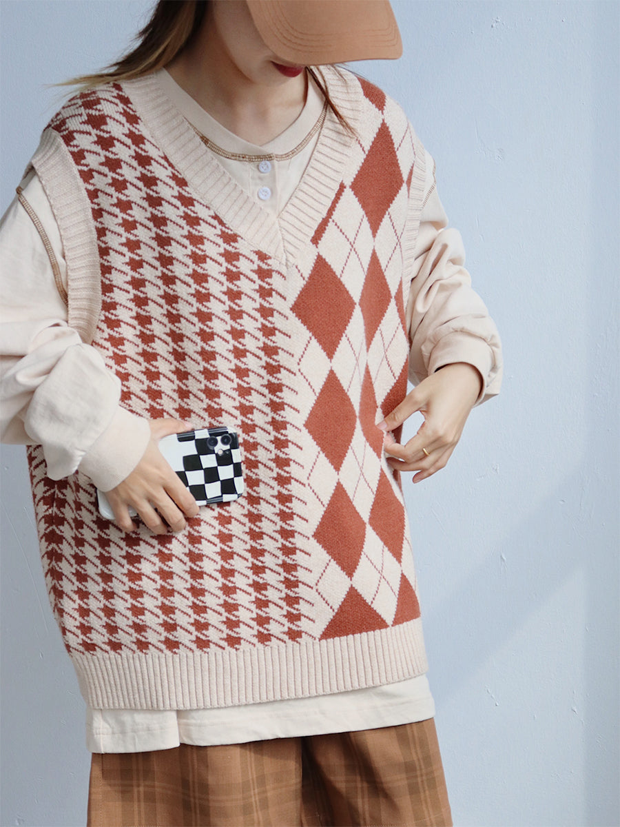 Rhombus Knitted Shirt Layered Over Vest