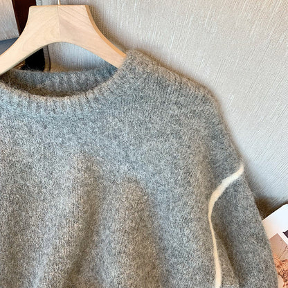 Pull gris à col rond pour femme, haut rétro décontracté, ample, de tempérament