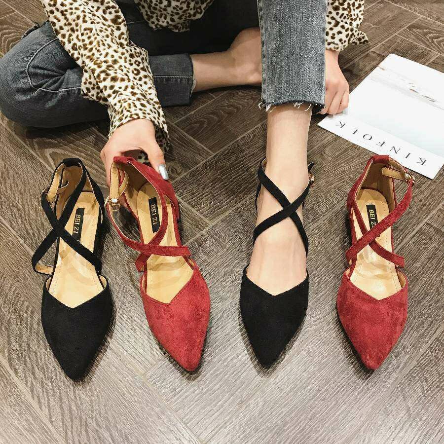 Zapatos individuales versátiles con lazo cruzado y punta en punta plana para mujer