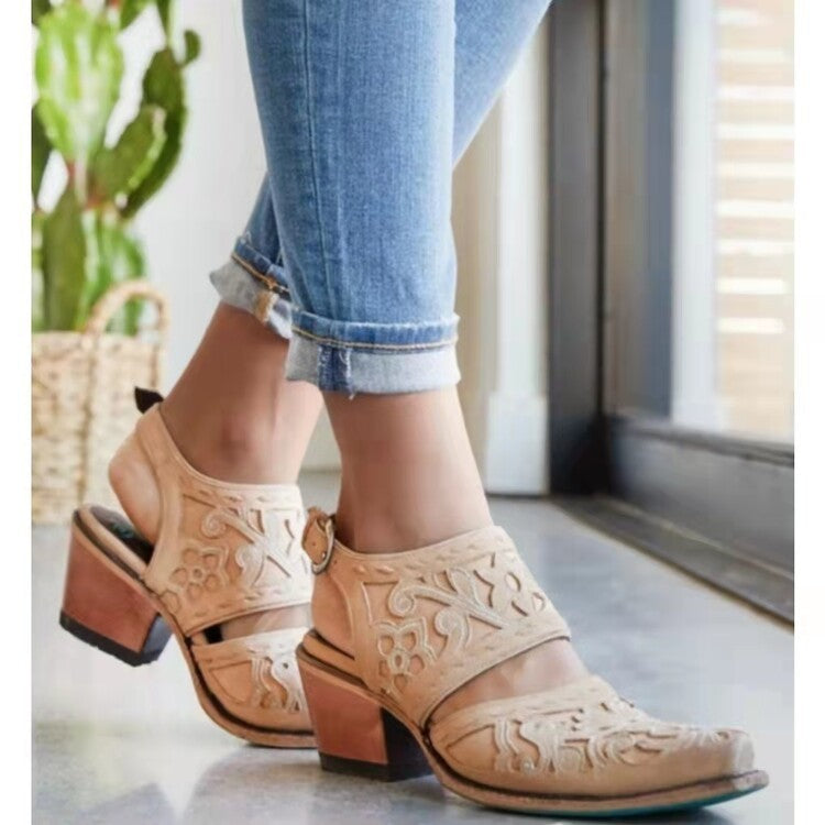 Sandalias de tacón grueso con bordados de moda para mujer