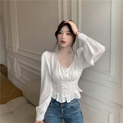 Lace Women's Short White Long Sleeve Ruffled Shirt Top