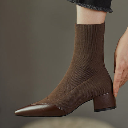 Botas de lana de moda para mujer, botas cortas con tacón grueso y puntiagudo