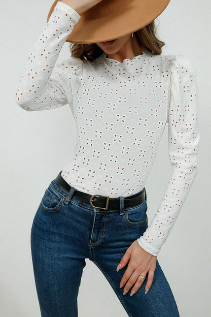 Round Neck Eyelet Long Sleeve Blouse