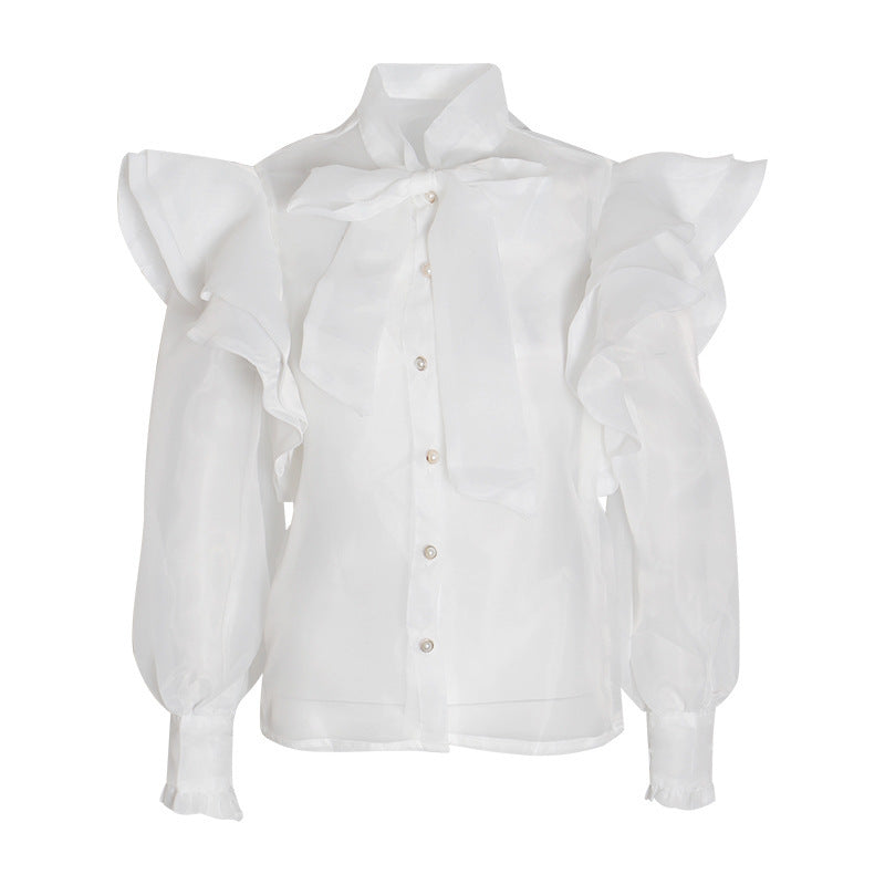 Sweet Wind Bow Tie Long-sleeved Shirt Women With Ruffles